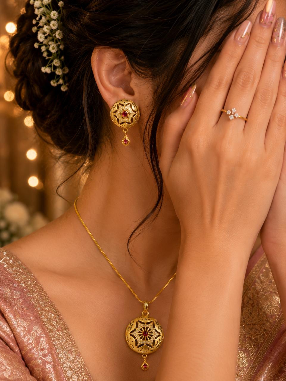 Stile Sovrano Noorika Traditional Gold-Plated Pendant Set for Women | Ruby-Colored Stone & Crystal Studded Ethnic Pendant Necklace with Matching Earrings