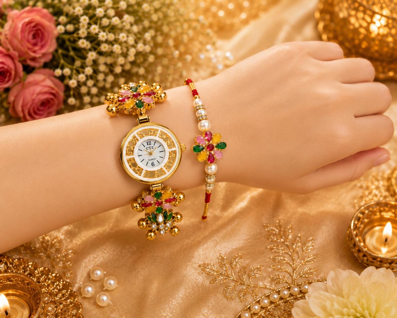 Stile Sovrano Kusum Royale Rakhi Watch Combo for Brother | Round Dial Designer Bracelet Watch with Matching Rakhi | Rakhi Utsav Collection