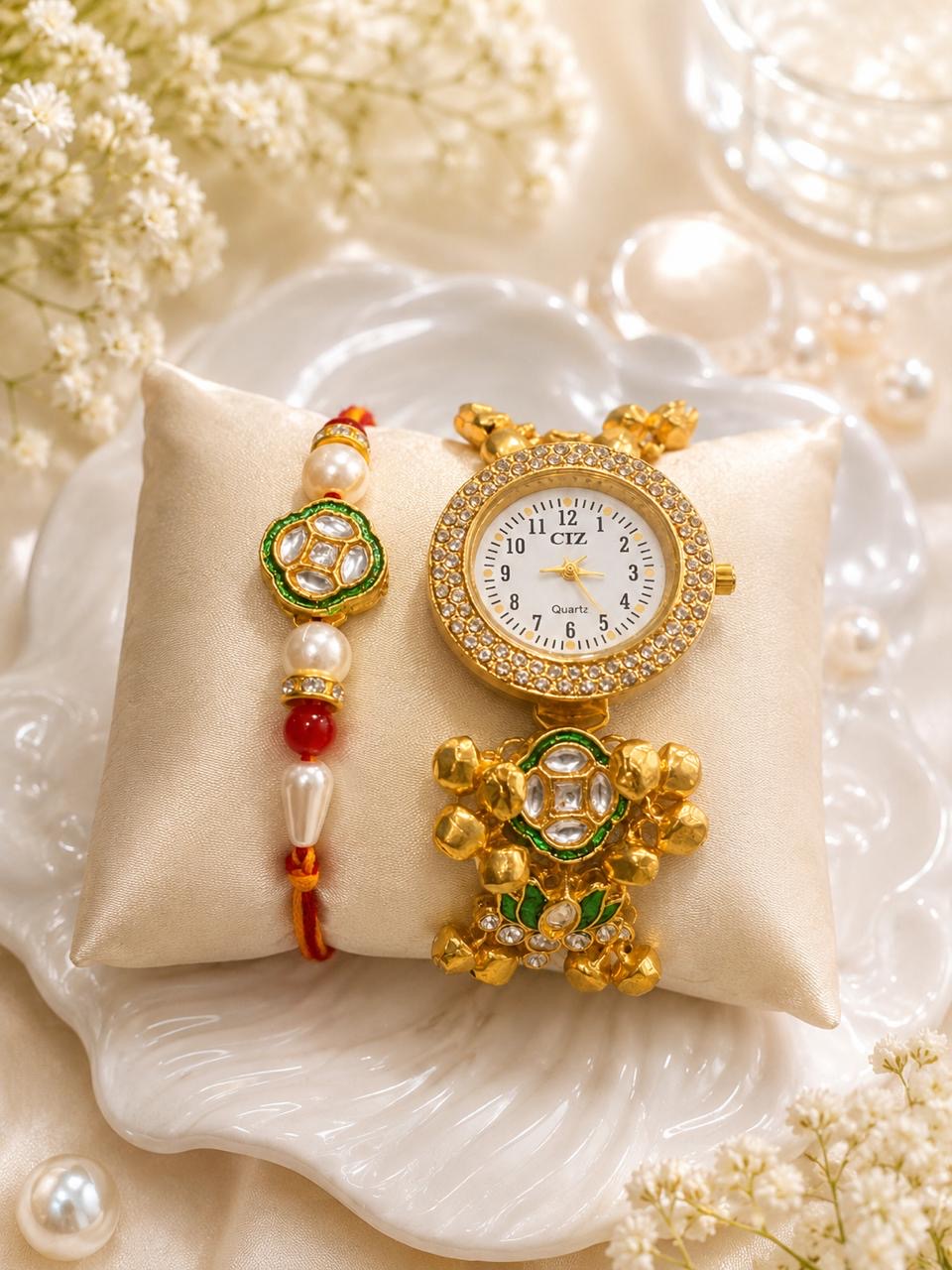 Stile Sovrano Hari Shagun Bhai Bhabhi Rakhi Watch Combo | Green Heritage Bracelet Watch with Matching Rakhi | Rakhi Utsav Collection