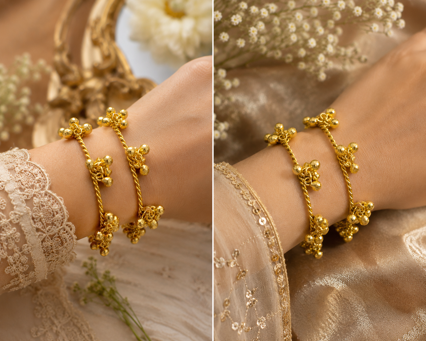 Svarna Ghungroo Luxe Collection – Gold-Finished Statement Bangles with Bell Cluster Detailing - Pair
