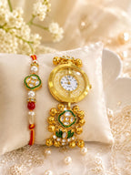Stile Sovrano Hari Bandhan Bhai Bhabhi Rakhi Watch Combo | Heritage Green Kundan Bracelet Watch with Matching Rakhi | Rakhi Utsav Collection