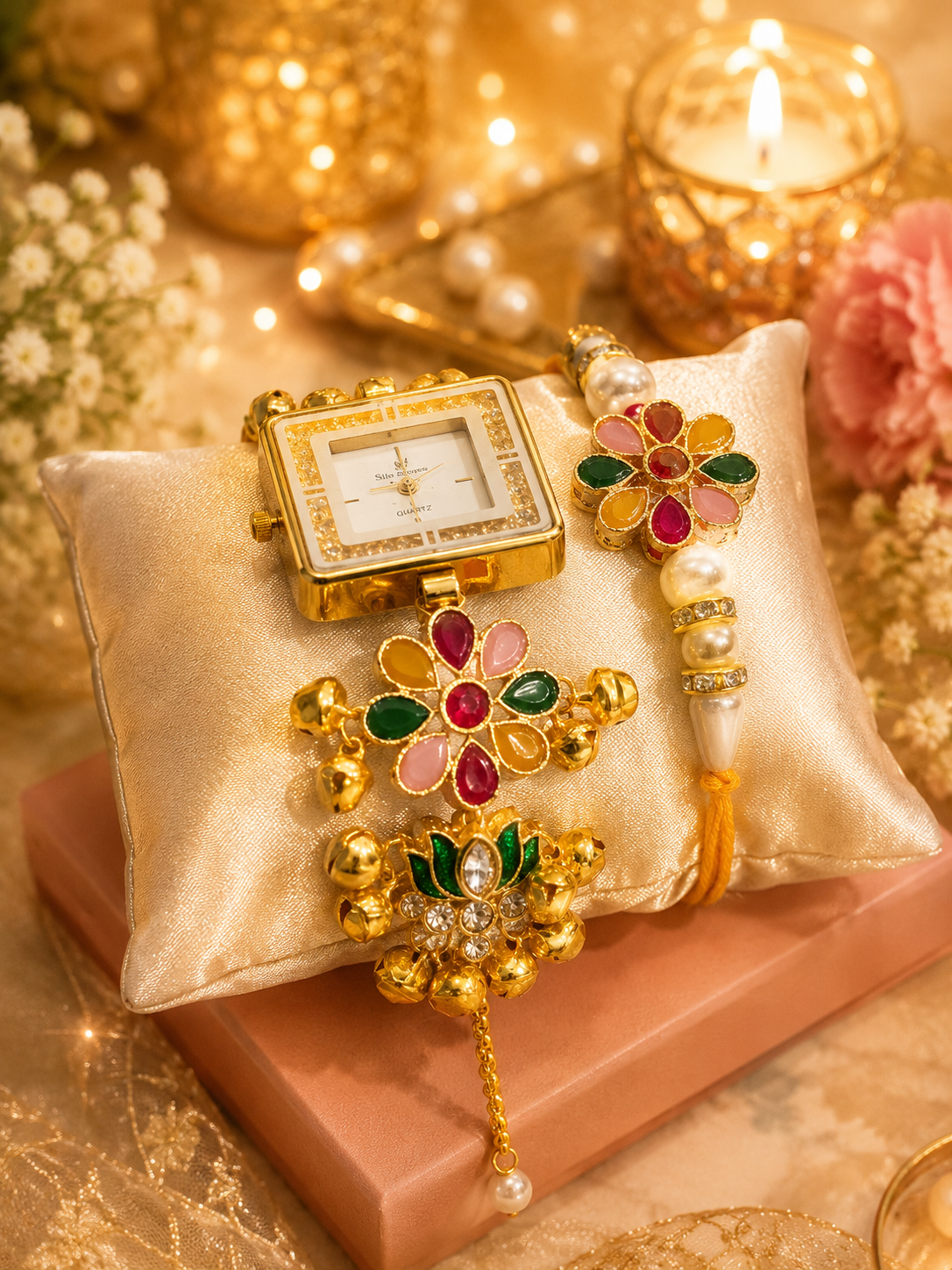 Stile Sovrano Pushpanjali Rakhi Watch Combo for Brother | Square Dial Designer Bracelet Watch with Matching Rakhi | Rakhi Utsav Collection