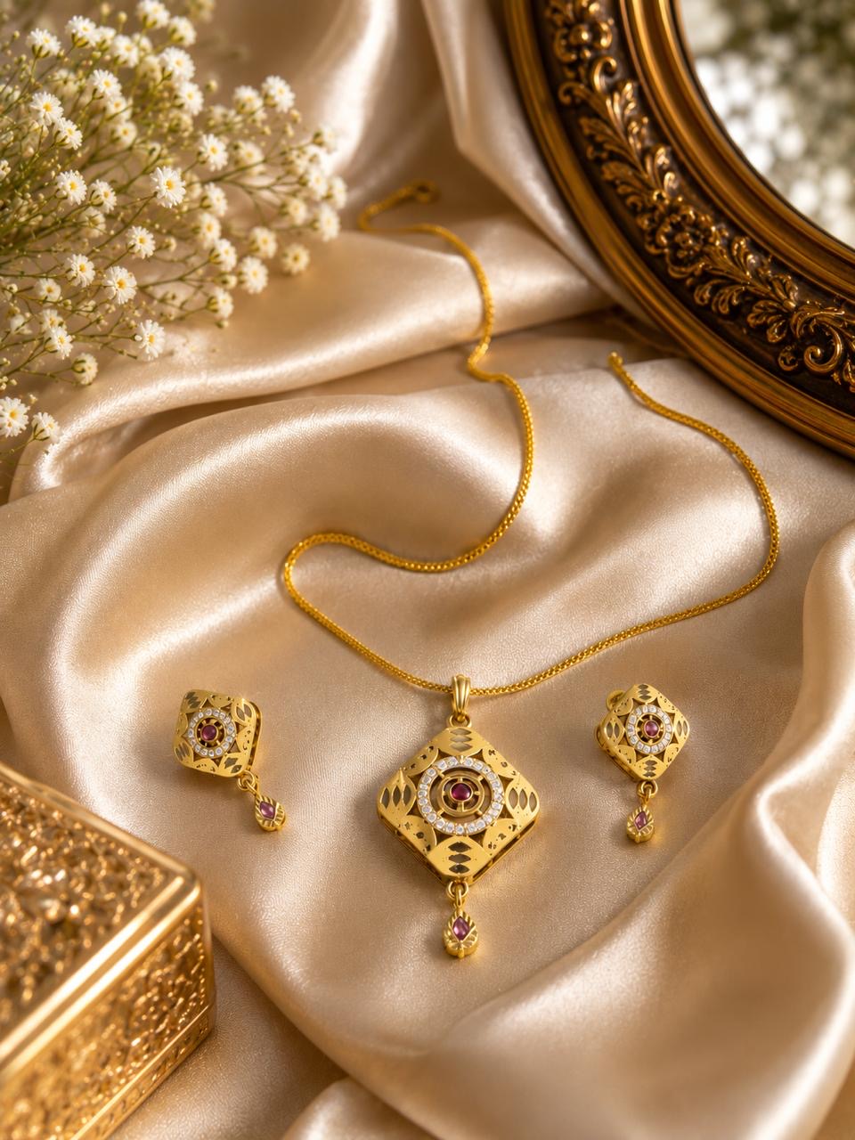 Stile Sovrano Rajnandini Traditional Gold-Plated Pendant Set for Women | Ruby-Colored Stone & Crystal Studded Ethnic Pendant Necklace with Matching Earrings
