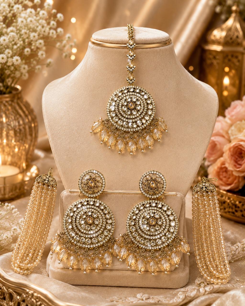 Stile Sovrano Noor-e-Zar Detachable Shoulder Duster Earrings with Maang Tikka for Women | Gold-Plated Crystal Bridal Statement Jewellery Set