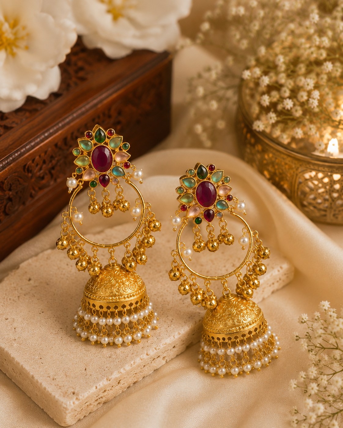 Rajkumari Meherang Viraasat – Pearl Jhumka Hoop Kashmiri Earrings with Multicolor Kundan Stones