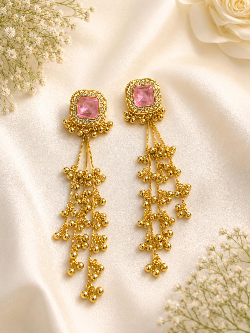 Stile Sovrano Roshanara Heritage Tassel Earrings for Women | Gold Statement Earrings with Ruby Red & Pink Stones