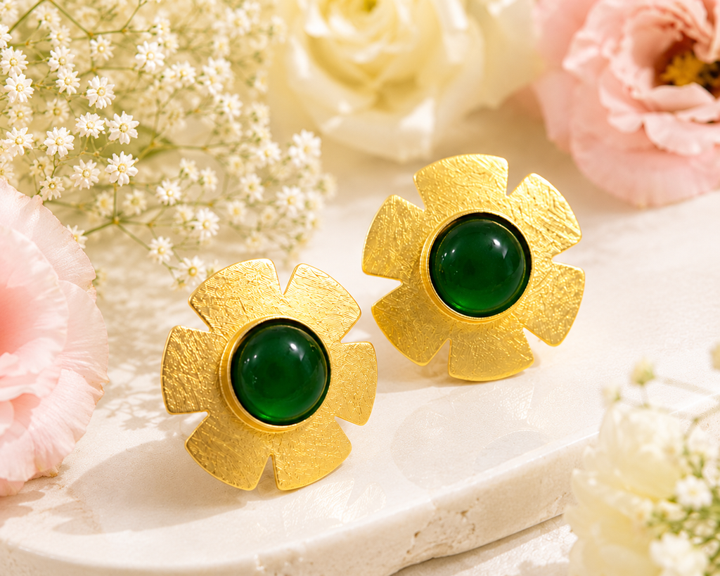Gold Floral Cabochon Stud Earrings Red Green Blue Black – Stile Sovrano
