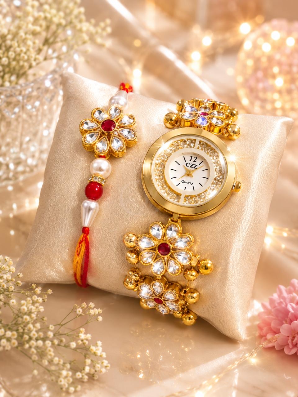Stile Sovrano Prem Bandhan Bhai Bhabhi Rakhi Watch Combo | Floral Bracelet Watch with Matching Rakhi | Rakhi Utsav Collection