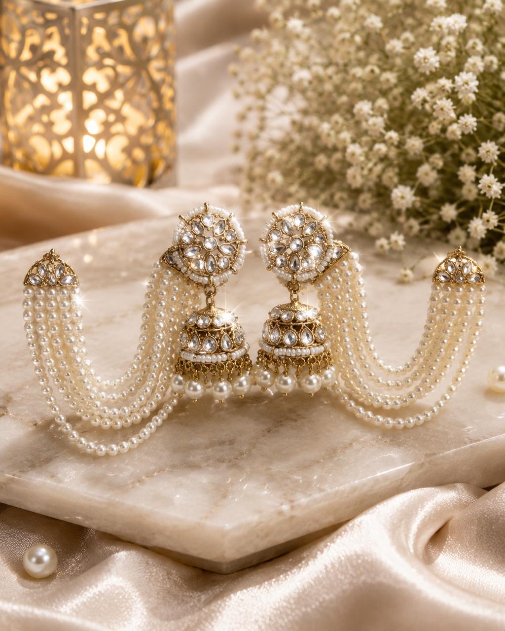 Stile Sovrano Zeenat Pearl Detachable Shoulder Duster Jhumka Earrings for Women | Gold-Plated Kundan-Inspired Bridal Statement Earrings
