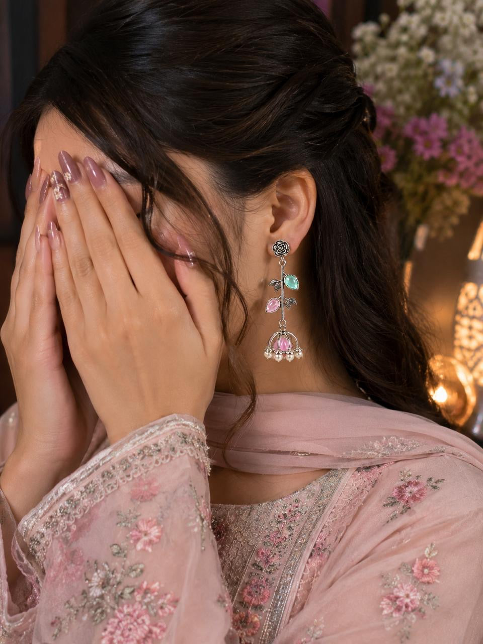 Stile Sovrano Gul-e-Kashmir Floral Jhumka Earrings for Women | Kashmiri Silver Oxidised Earrings | Ruby Green & Pink Mint