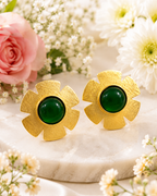 Gold Floral Cabochon Stud Earrings Red Green Blue Black – Stile Sovrano