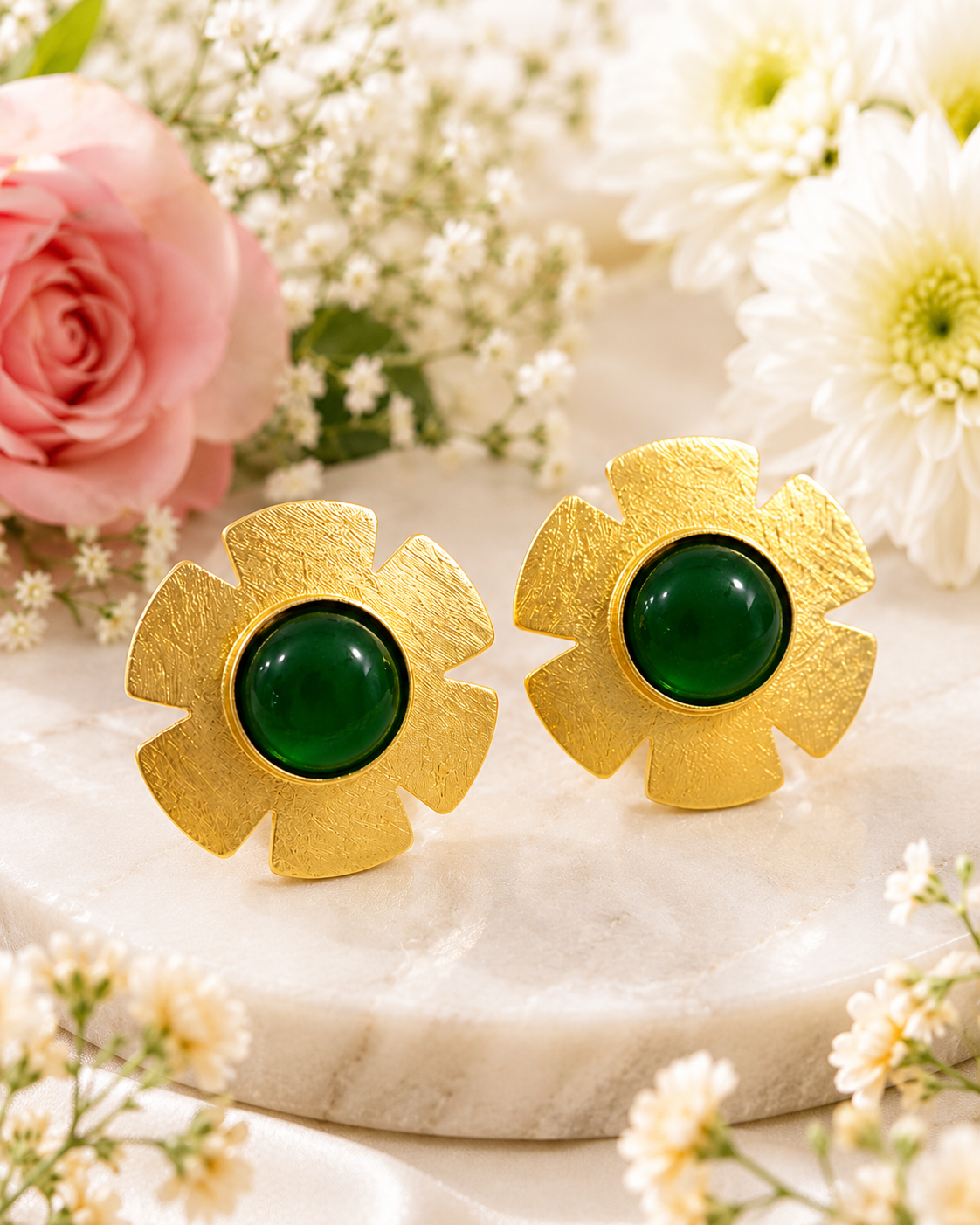 Gold Floral Cabochon Stud Earrings Red Green Blue Black – Stile Sovrano