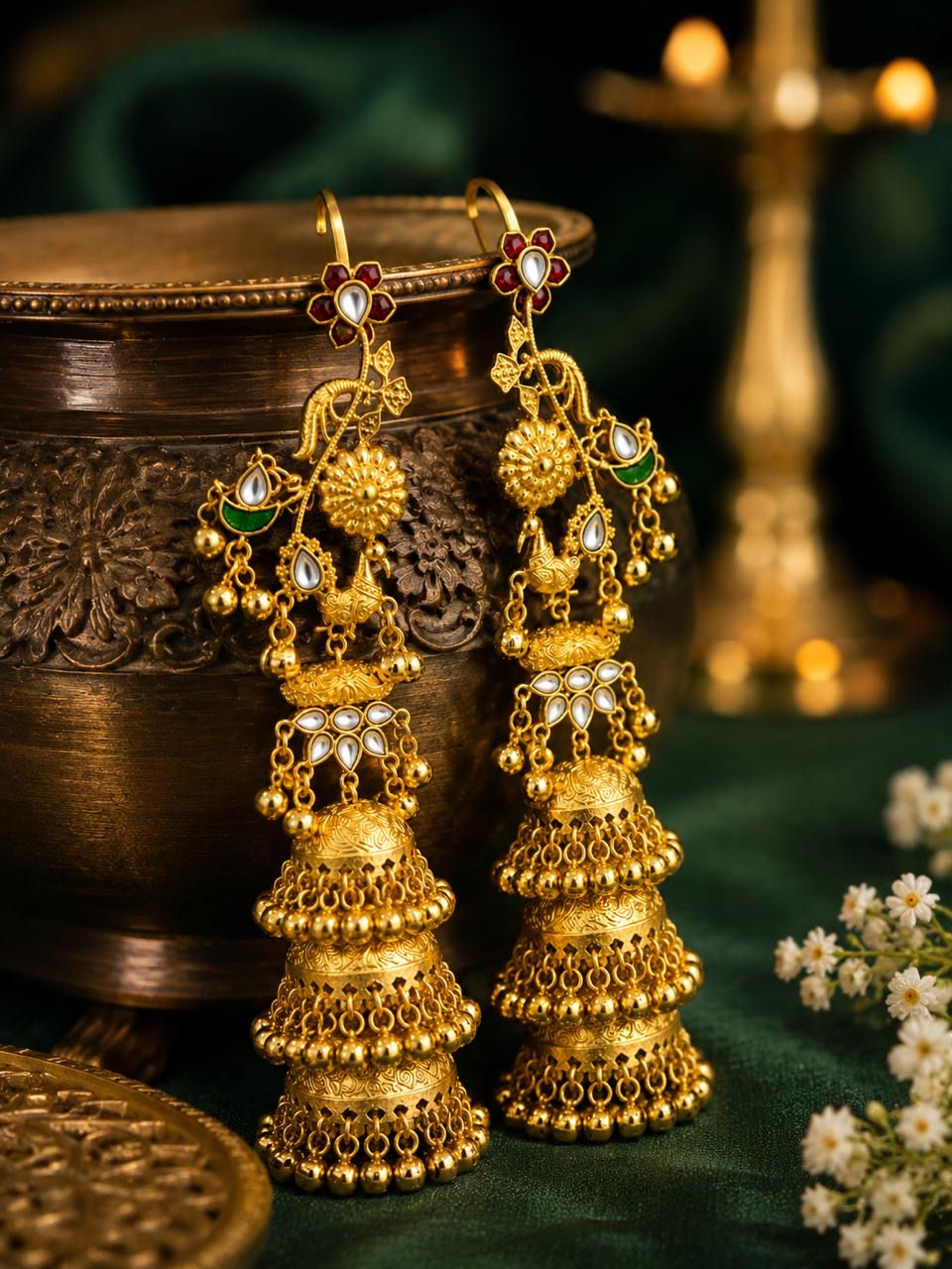 Stile Sovrano Gulnaar-e-Kashmir Handcrafted Long Jhumka Earrings for Women | Antique Gold Ethnic Statement Earrings