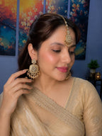 Stile Sovrano Noor Mahal Gold-Plated Detachable Shoulder Duster Earrings with Crystal Beaded Chains & Maang Tikka for Women | 2-in-1 Bridal Statement Jewellery Set