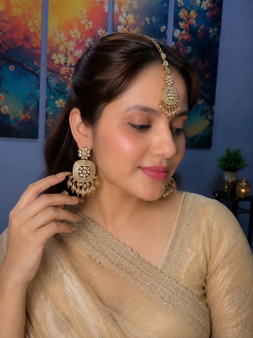 Stile Sovrano Noor Mahal Gold-Plated Detachable Shoulder Duster Earrings with Crystal Beaded Chains & Maang Tikka for Women | 2-in-1 Bridal Statement Jewellery Set
