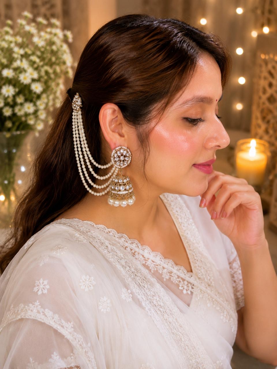 Stile Sovrano Zeenat Pearl Detachable Shoulder Duster Jhumka Earrings for Women | Gold-Plated Kundan-Inspired Bridal Statement Earrings
