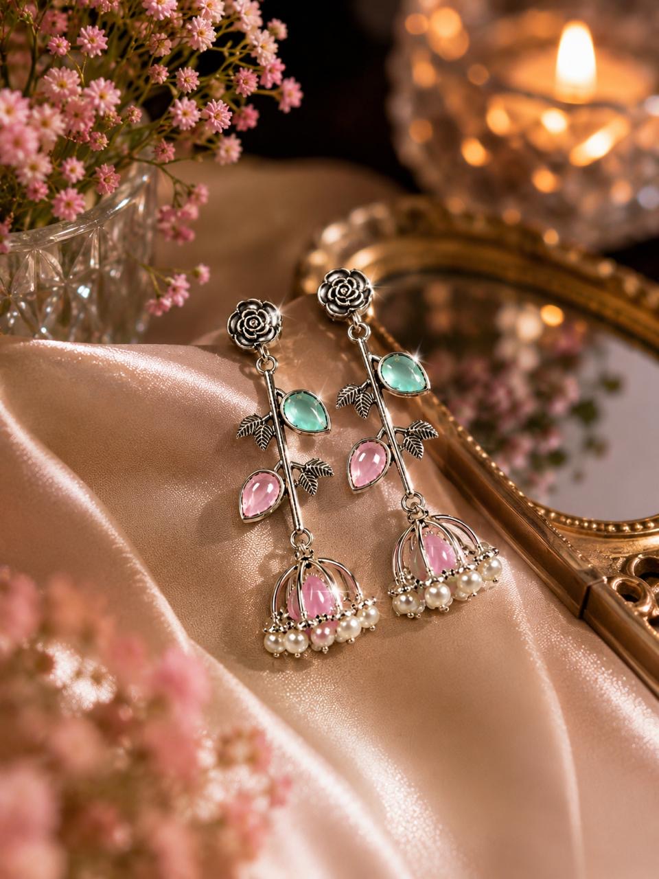 Stile Sovrano Gul-e-Kashmir Floral Jhumka Earrings for Women | Kashmiri Silver Oxidised Earrings | Ruby Green & Pink Mint
