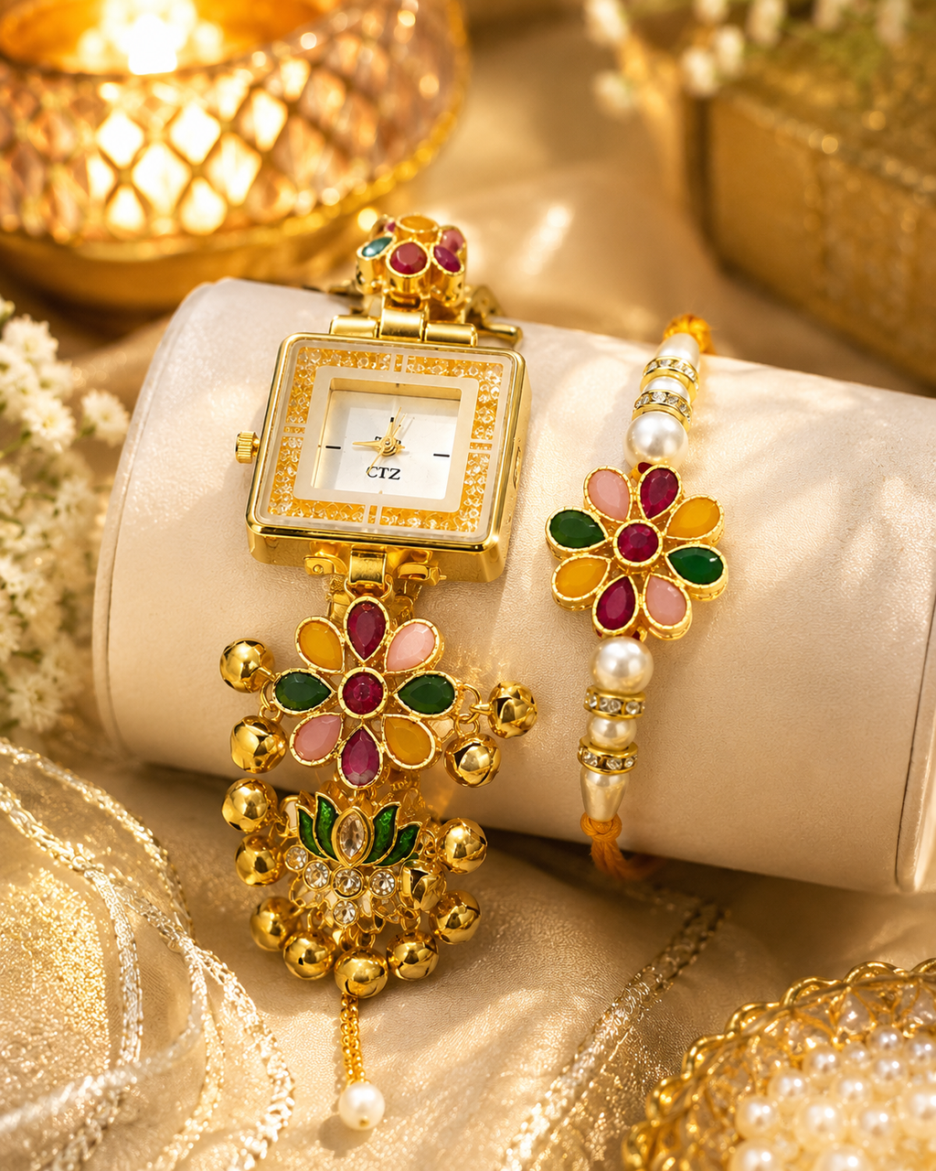 Stile Sovrano Pushpanjali Rakhi Watch Combo for Brother | Square Dial Designer Bracelet Watch with Matching Rakhi | Rakhi Utsav Collection
