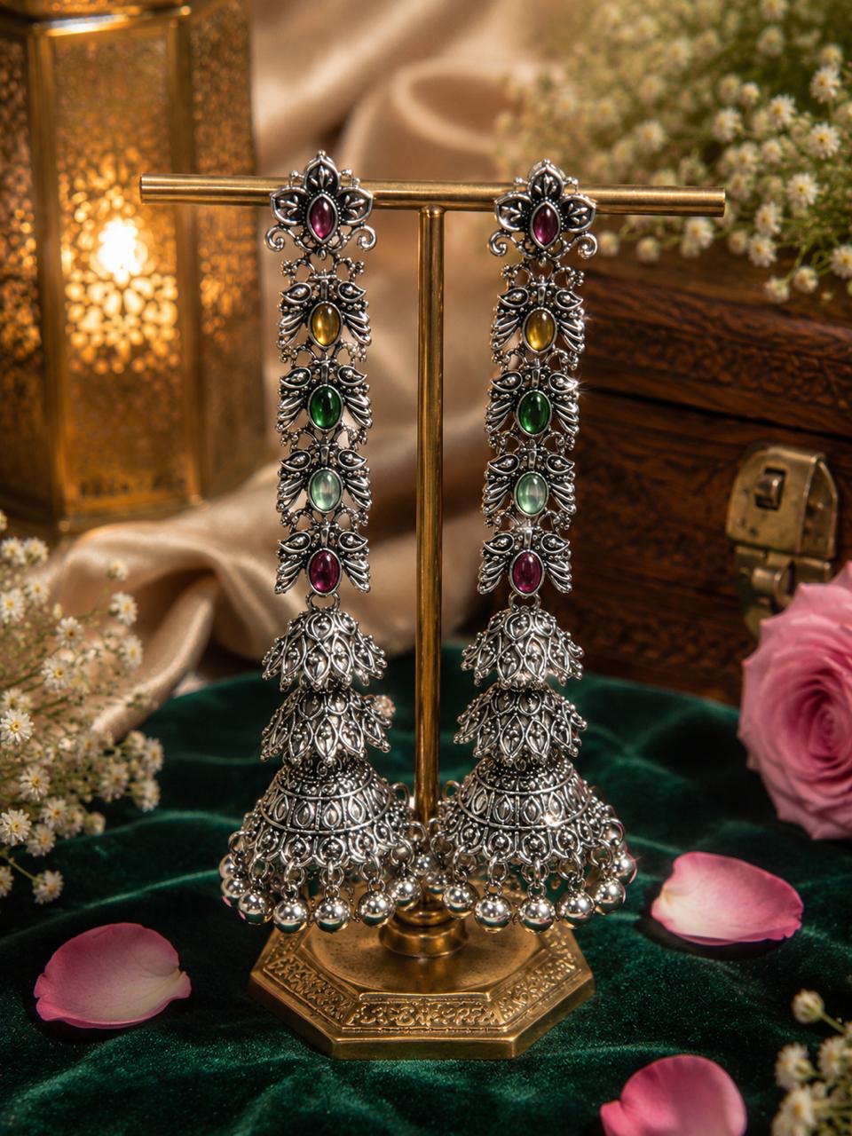 Stile Sovrano Rangmahal Kashmiri Oxidised Long Jhumka Earrings for Women | Multicolor Stone Statement Ethnic Earrings
