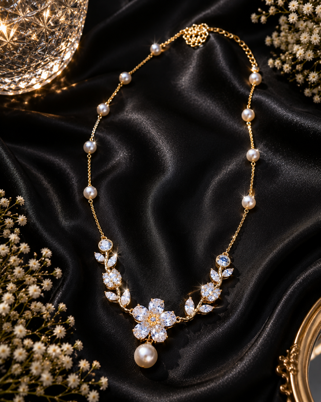 Pearl & Rhinestone Floral Pendant Necklace Gold Chain – Stile Sovrano
