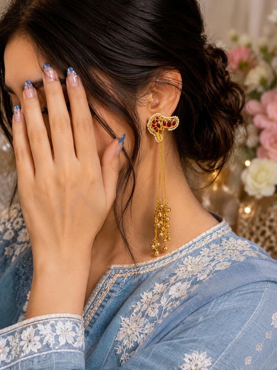 Stile Sovrano Lalima-e-Kashmir Long Tassel Earrings for Women | Kashmiri Gold Statement Earrings