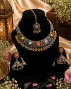 Stile Sovrano Rajsi Noor Kashmiri Oxidised Choker Necklace Set with Maang Tikka & Jhumka Earrings for Women | Antique Gold-Plated Statement Bridal Jewellery