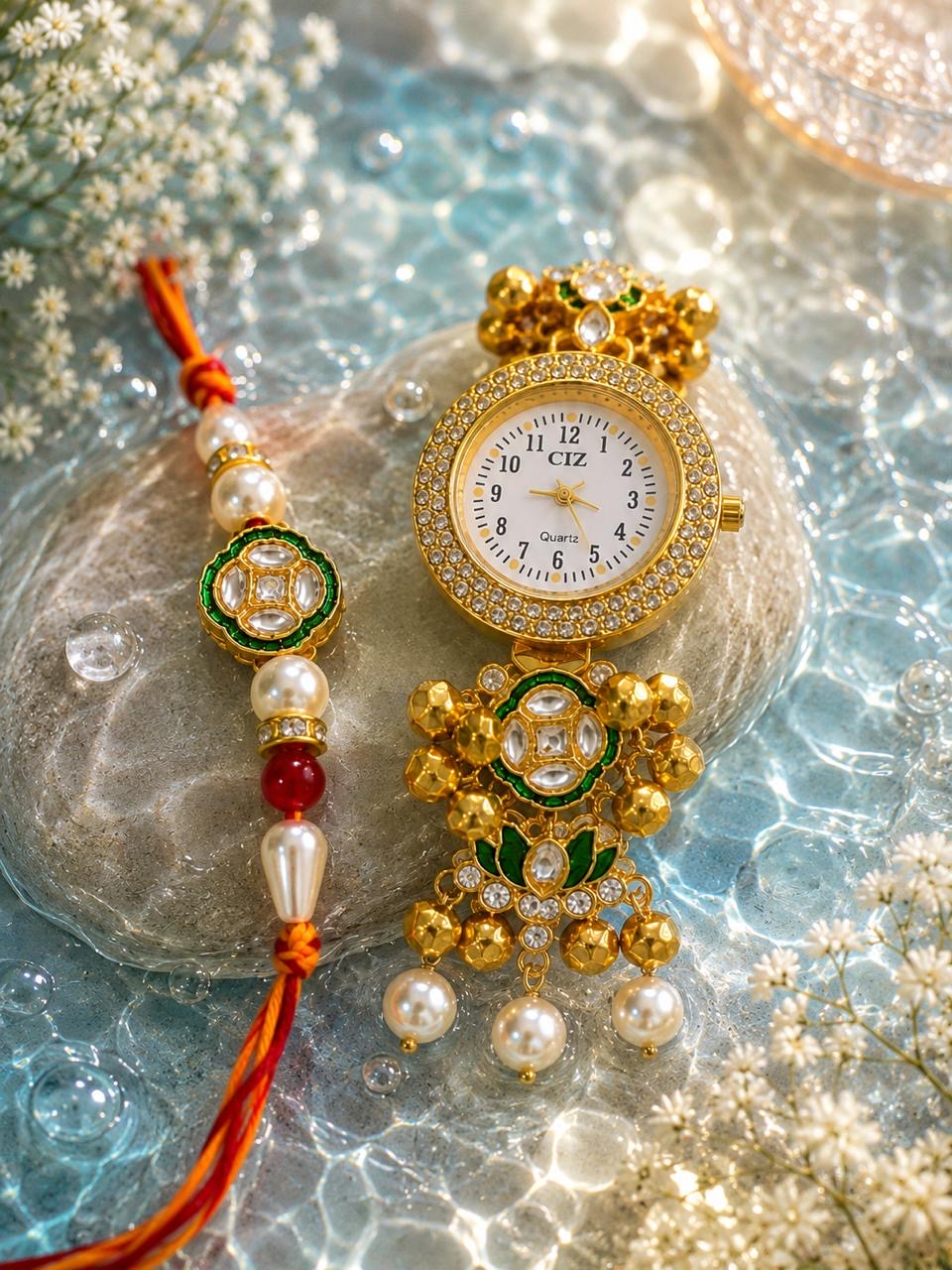 Stile Sovrano Hari Shagun Bhai Bhabhi Rakhi Watch Combo | Green Heritage Bracelet Watch with Matching Rakhi | Rakhi Utsav Collection