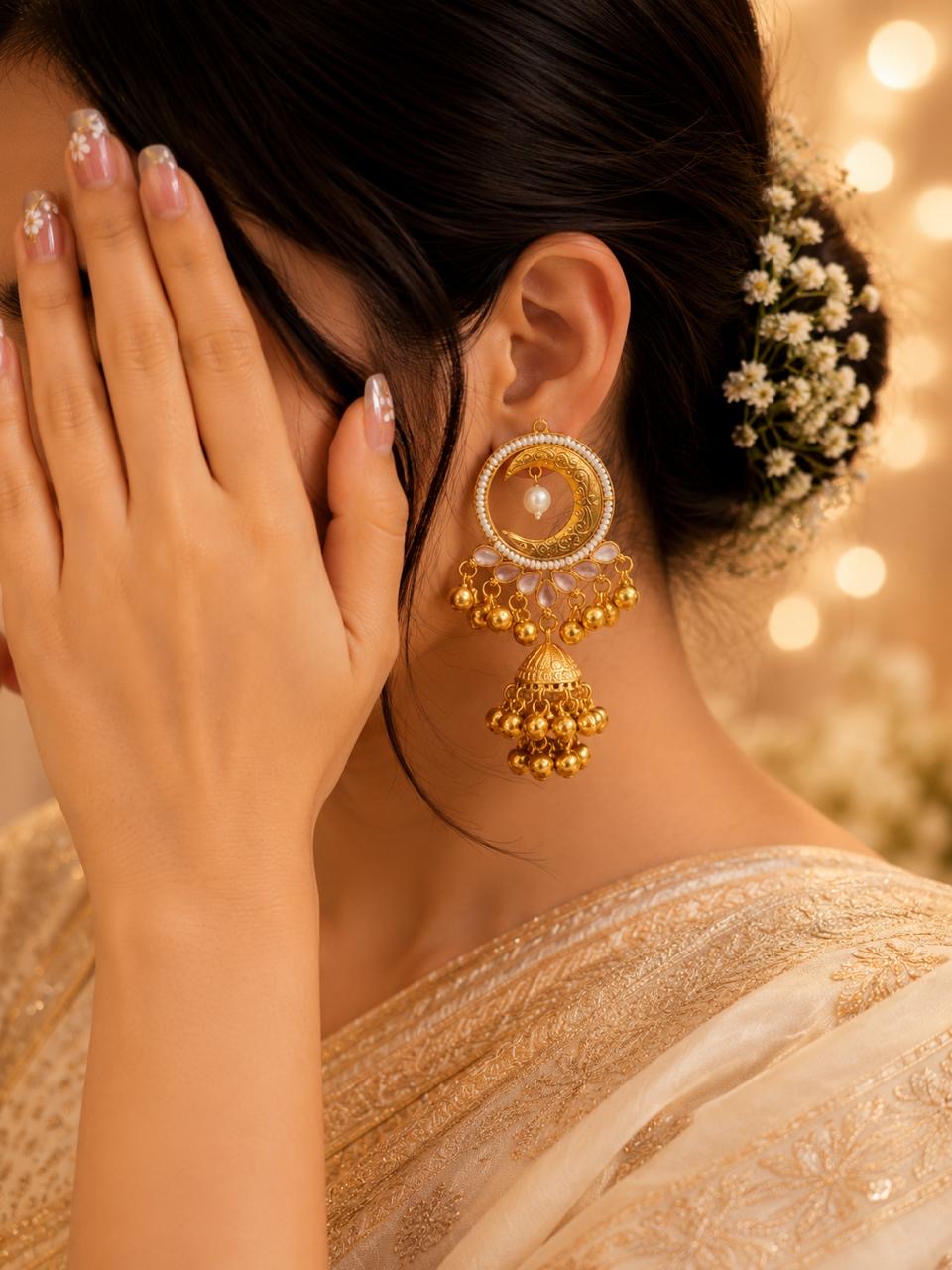 Stile Sovrano Chand-e-Kashmir Crescent Jhumka Earrings for Women | Heritage Gold Pearl Jhumkas | Ruby Red & Blush Pink