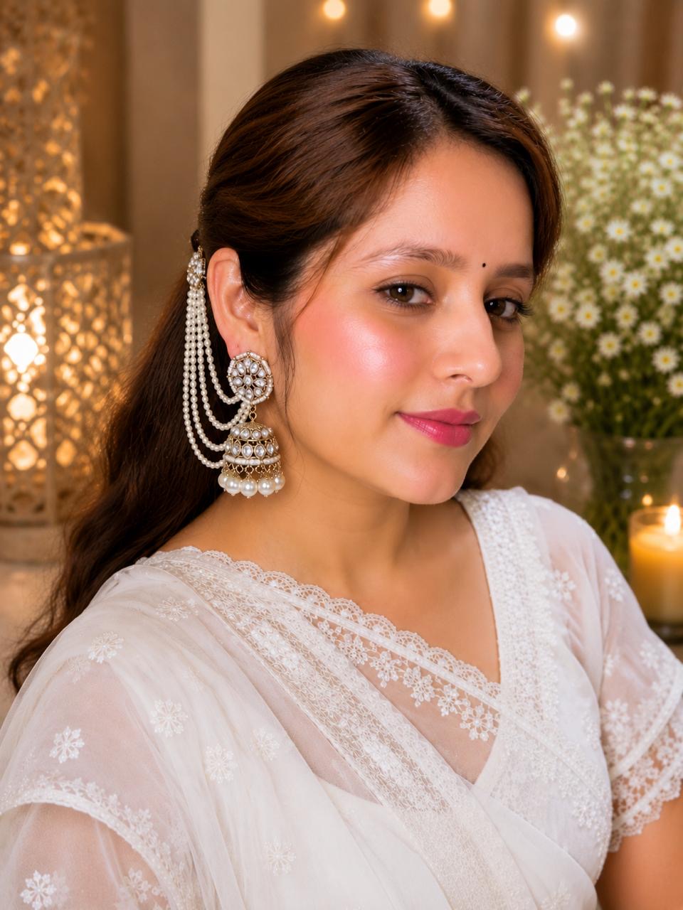 Stile Sovrano Zeenat Pearl Detachable Shoulder Duster Jhumka Earrings for Women | Gold-Plated Kundan-Inspired Bridal Statement Earrings