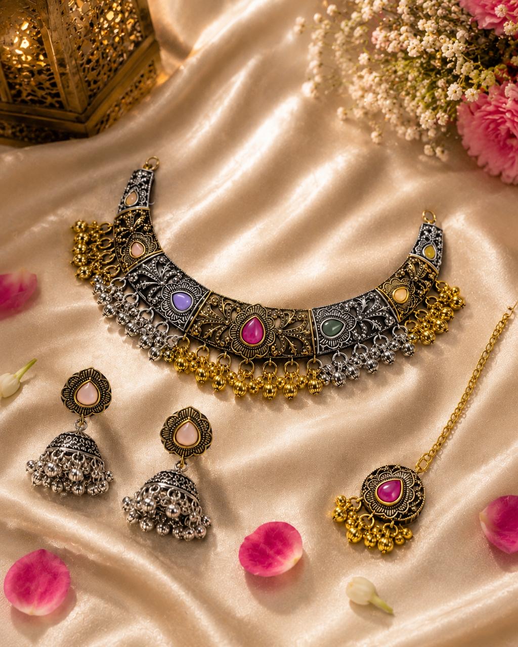 Stile Sovrano Rajsi Noor Kashmiri Oxidised Choker Necklace Set with Maang Tikka & Jhumka Earrings for Women | Antique Gold-Plated Statement Bridal Jewellery