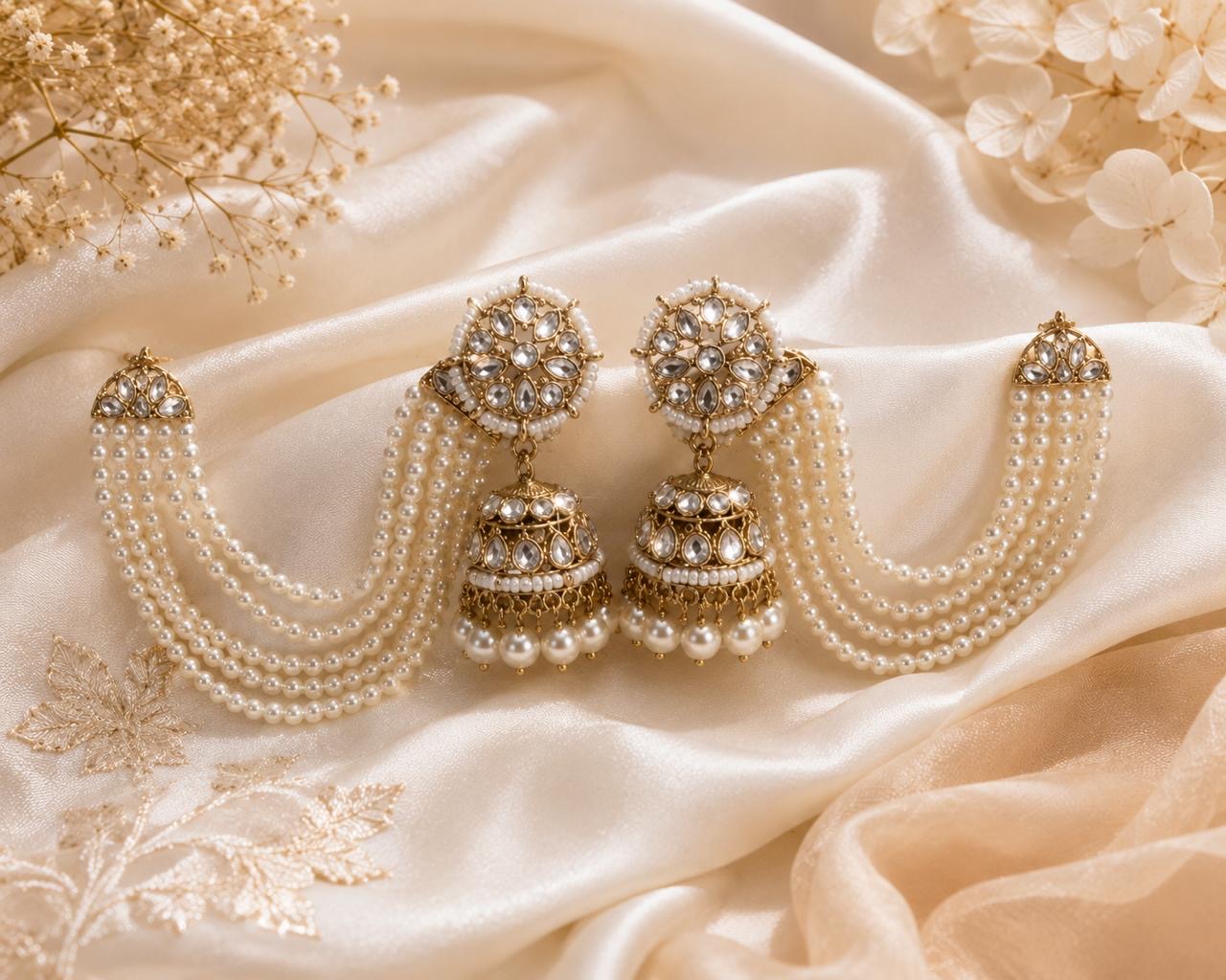 Stile Sovrano Zeenat Pearl Detachable Shoulder Duster Jhumka Earrings for Women | Gold-Plated Kundan-Inspired Bridal Statement Earrings