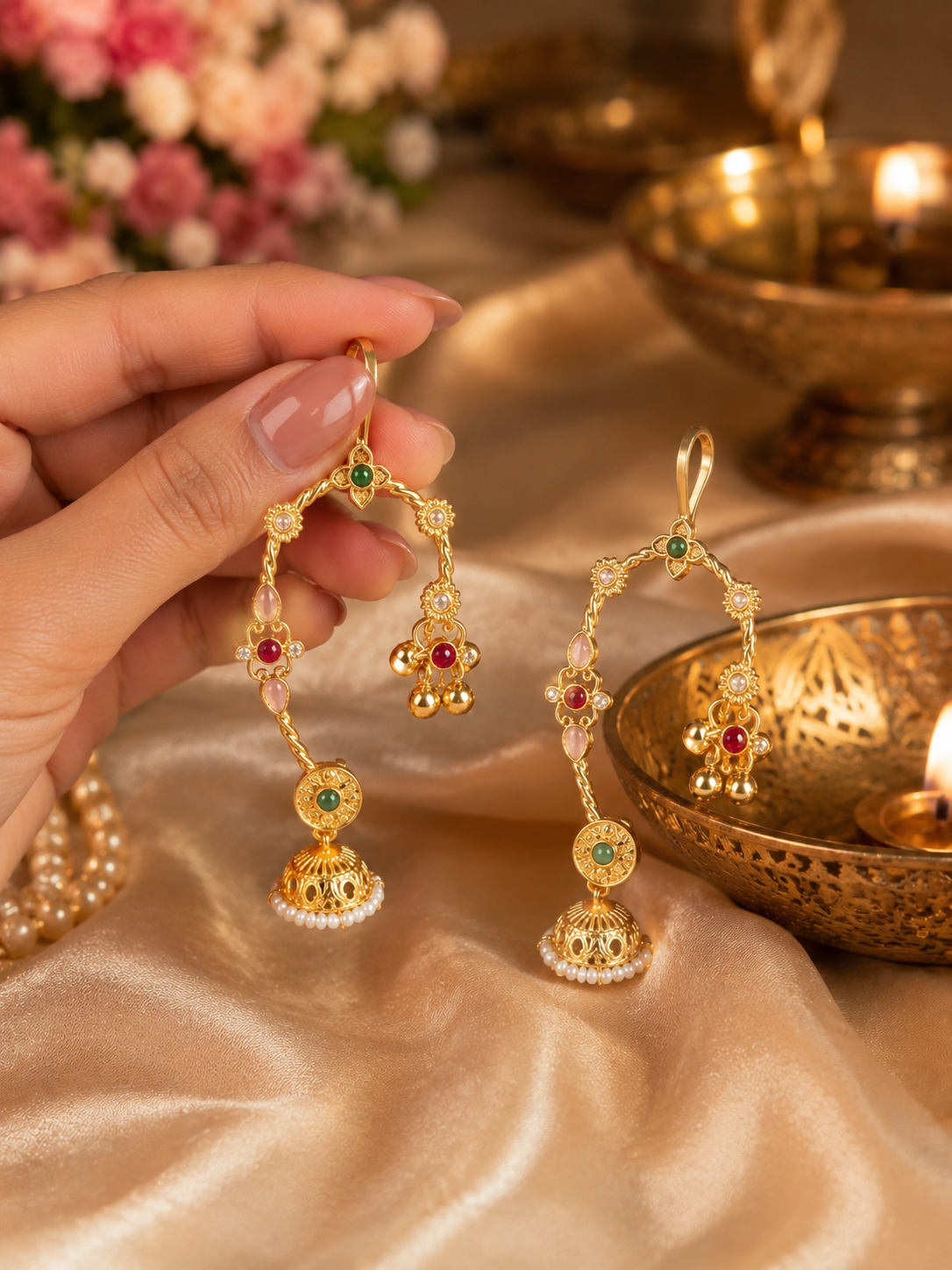 Stile Sovrano Shringarika Traditional Kashmiri Gold-Plated Ear Cuffs for Women | Pearl Beads, Floral Design & Multicolor Gemstone Embellishments