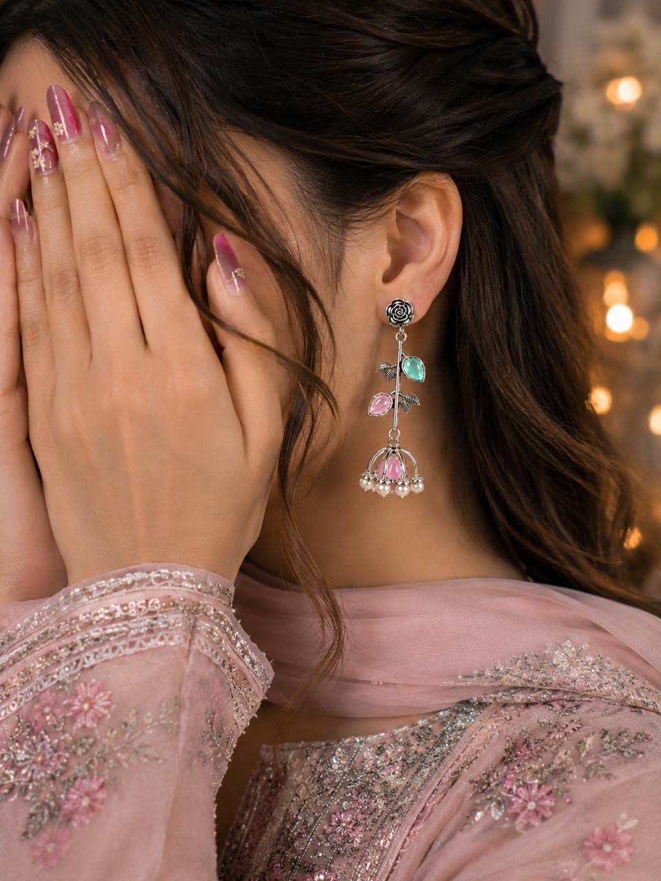 Stile Sovrano Gul-e-Kashmir Floral Jhumka Earrings for Women | Kashmiri Silver Oxidised Earrings | Ruby Green & Pink Mint