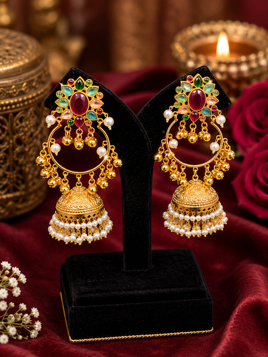 Rajkumari Meherang Viraasat – Pearl Jhumka Hoop Kashmiri Earrings with Multicolor Kundan Stones