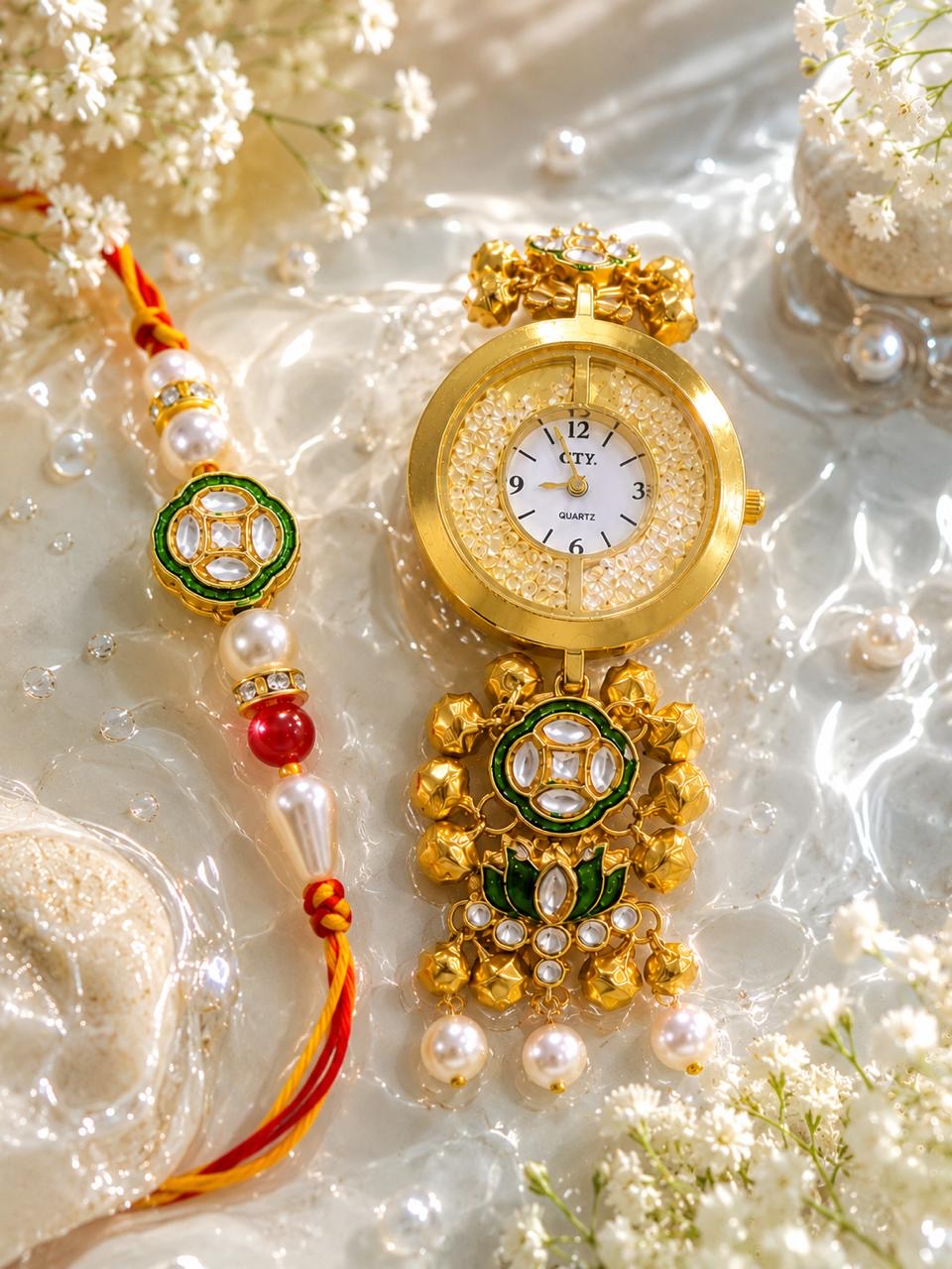 Stile Sovrano Hari Bandhan Bhai Bhabhi Rakhi Watch Combo | Heritage Green Kundan Bracelet Watch with Matching Rakhi | Rakhi Utsav Collection