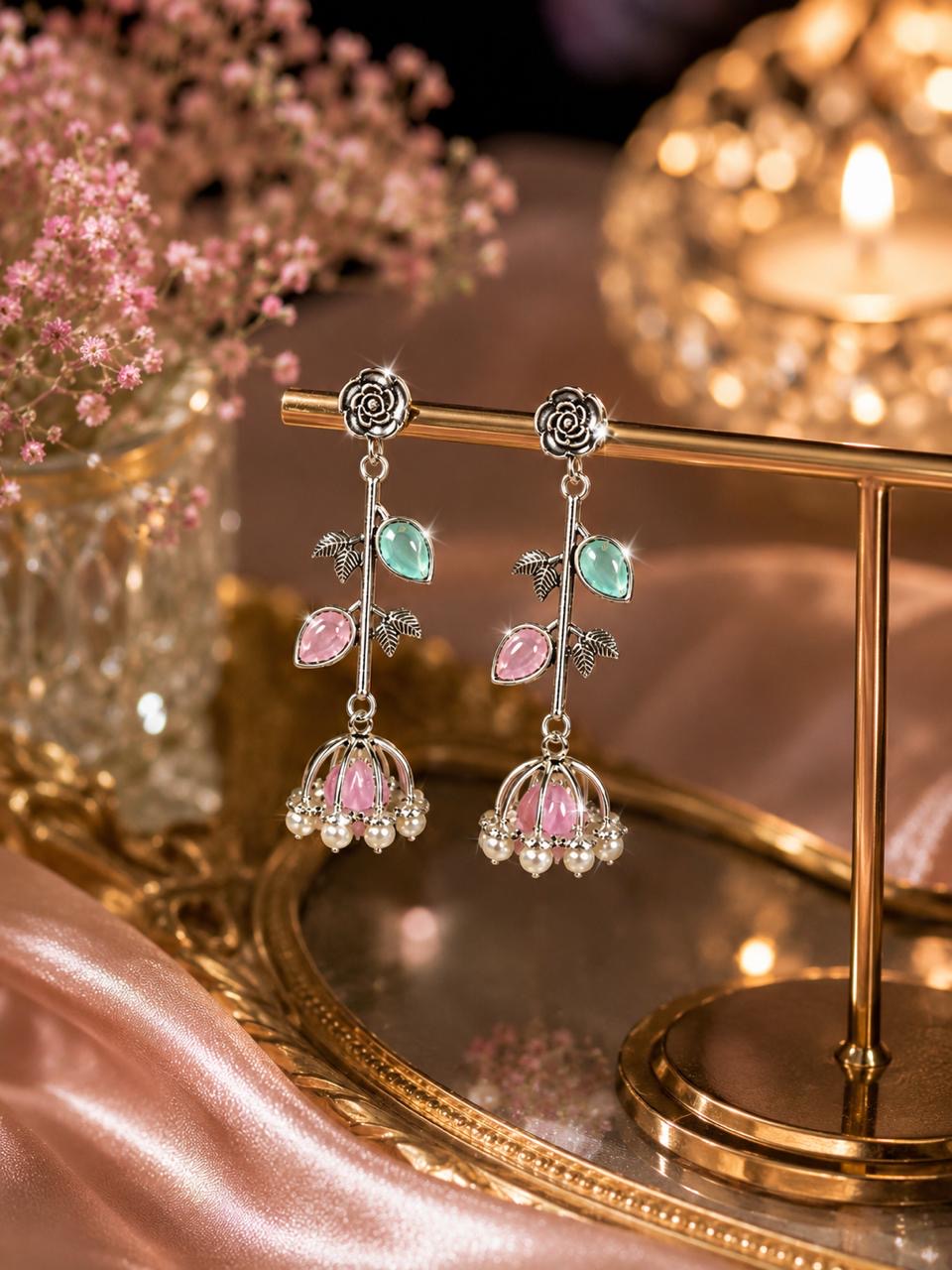 Stile Sovrano Gul-e-Kashmir Floral Jhumka Earrings for Women | Kashmiri Silver Oxidised Earrings | Ruby Green & Pink Mint