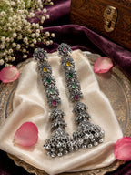 Stile Sovrano Rangmahal Kashmiri Oxidised Long Jhumka Earrings for Women | Multicolor Stone Statement Ethnic Earrings