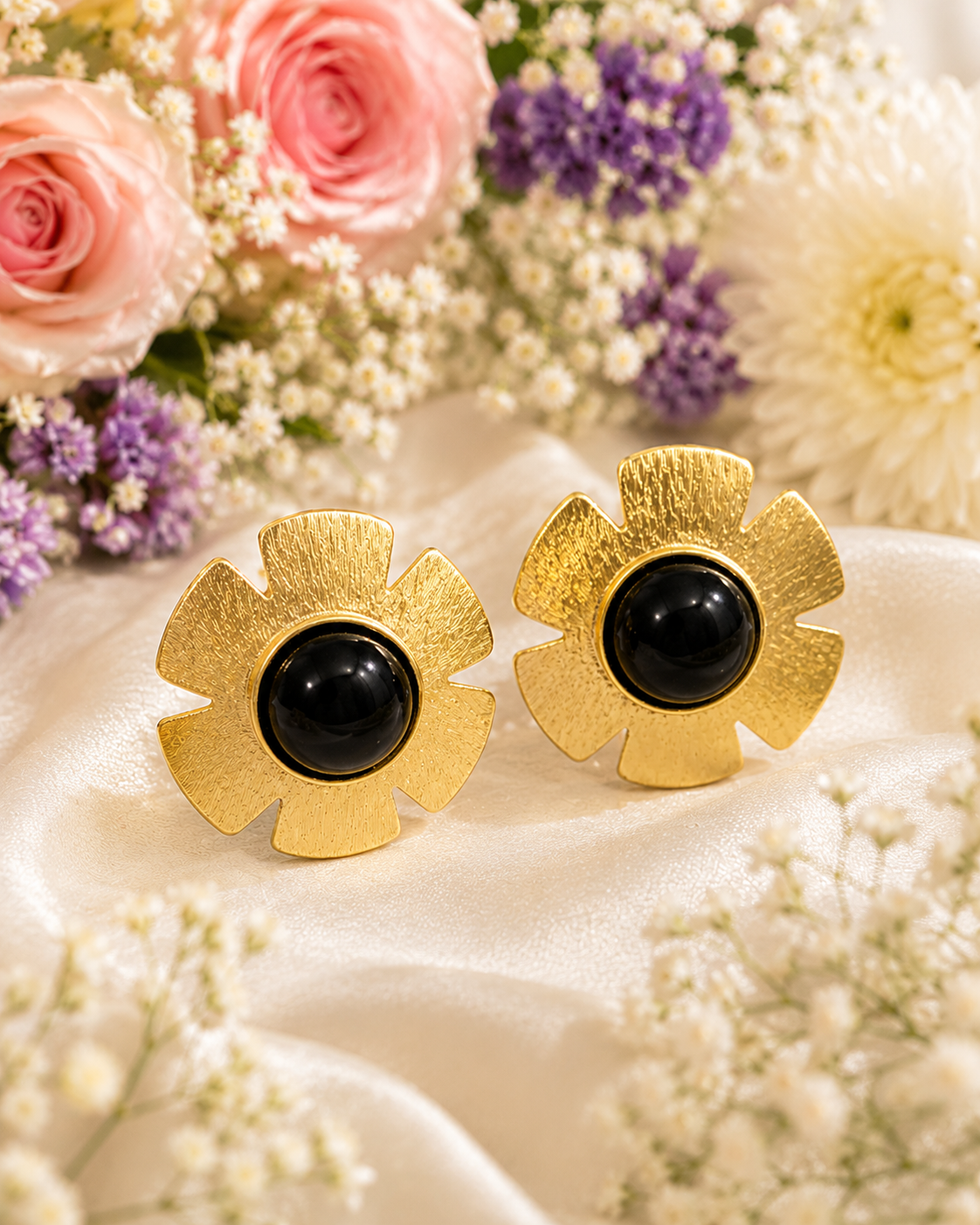Gold Floral Cabochon Stud Earrings Red Green Blue Black – Stile Sovrano