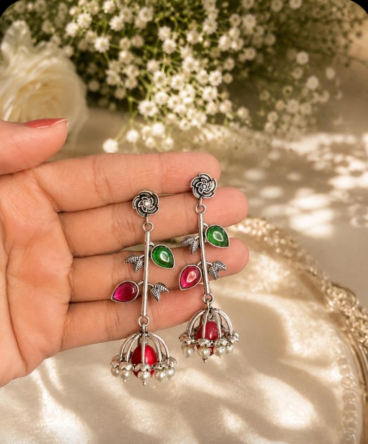 Stile Sovrano Gul-e-Kashmir Floral Jhumka Earrings for Women | Kashmiri Silver Oxidised Earrings | Ruby Green & Pink Mint