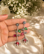 Stile Sovrano Gul-e-Kashmir Floral Jhumka Earrings for Women | Kashmiri Silver Oxidised Earrings | Ruby Green & Pink Mint