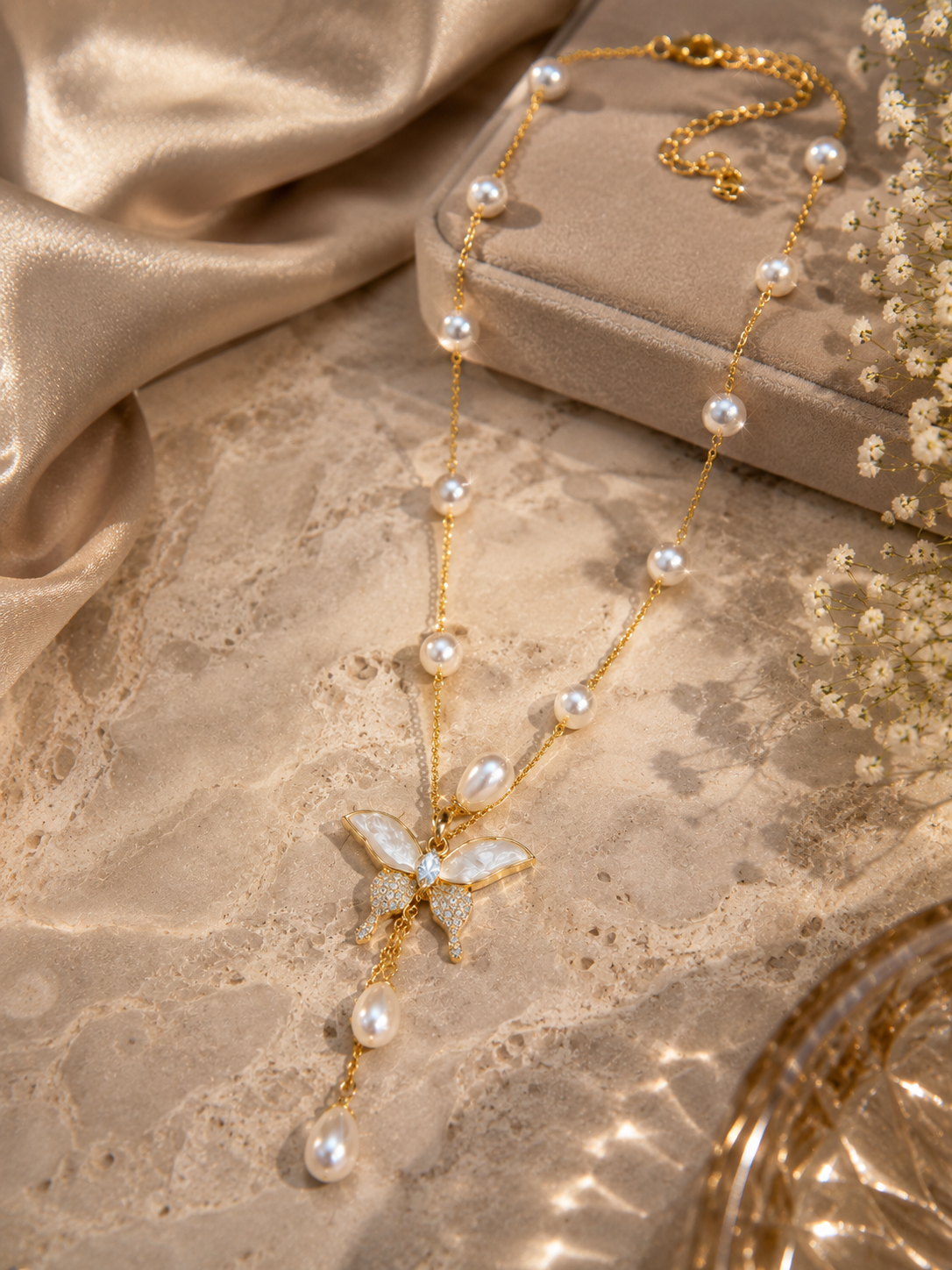 Mother of Pearl Butterfly Pendant Necklace with Pearls – Stile Sovrano