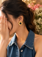 Gold Floral Cabochon Stud Earrings Red Green Blue Black – Stile Sovrano