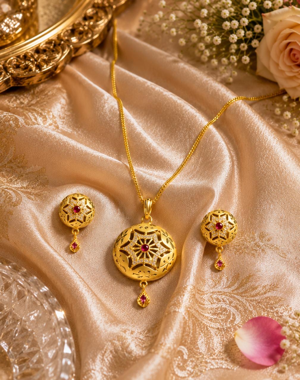 Stile Sovrano Noorika Traditional Gold-Plated Pendant Set for Women | Ruby-Colored Stone & Crystal Studded Ethnic Pendant Necklace with Matching Earrings