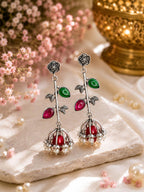 Stile Sovrano Gul-e-Kashmir Floral Jhumka Earrings for Women | Kashmiri Silver Oxidised Earrings | Ruby Green & Pink Mint