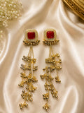 Stile Sovrano Roshanara Heritage Tassel Earrings for Women | Gold Statement Earrings with Ruby Red & Pink Stones
