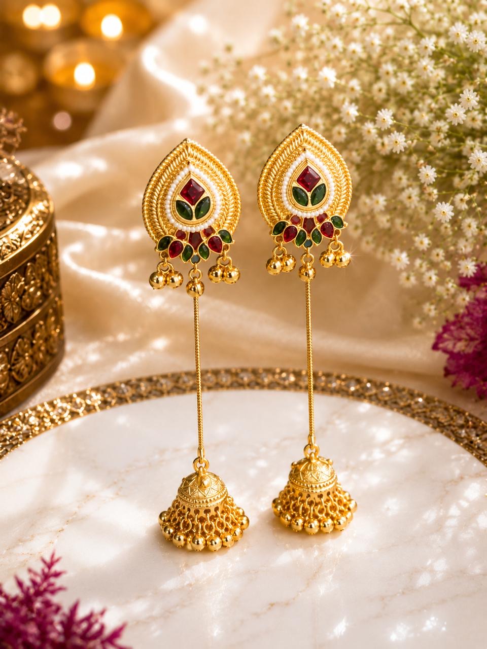 Stile Sovrano Gulnaar-e-Kashmir Long Jhumka Earrings for Women | Heritage Kashmiri Gold Statement Earrings