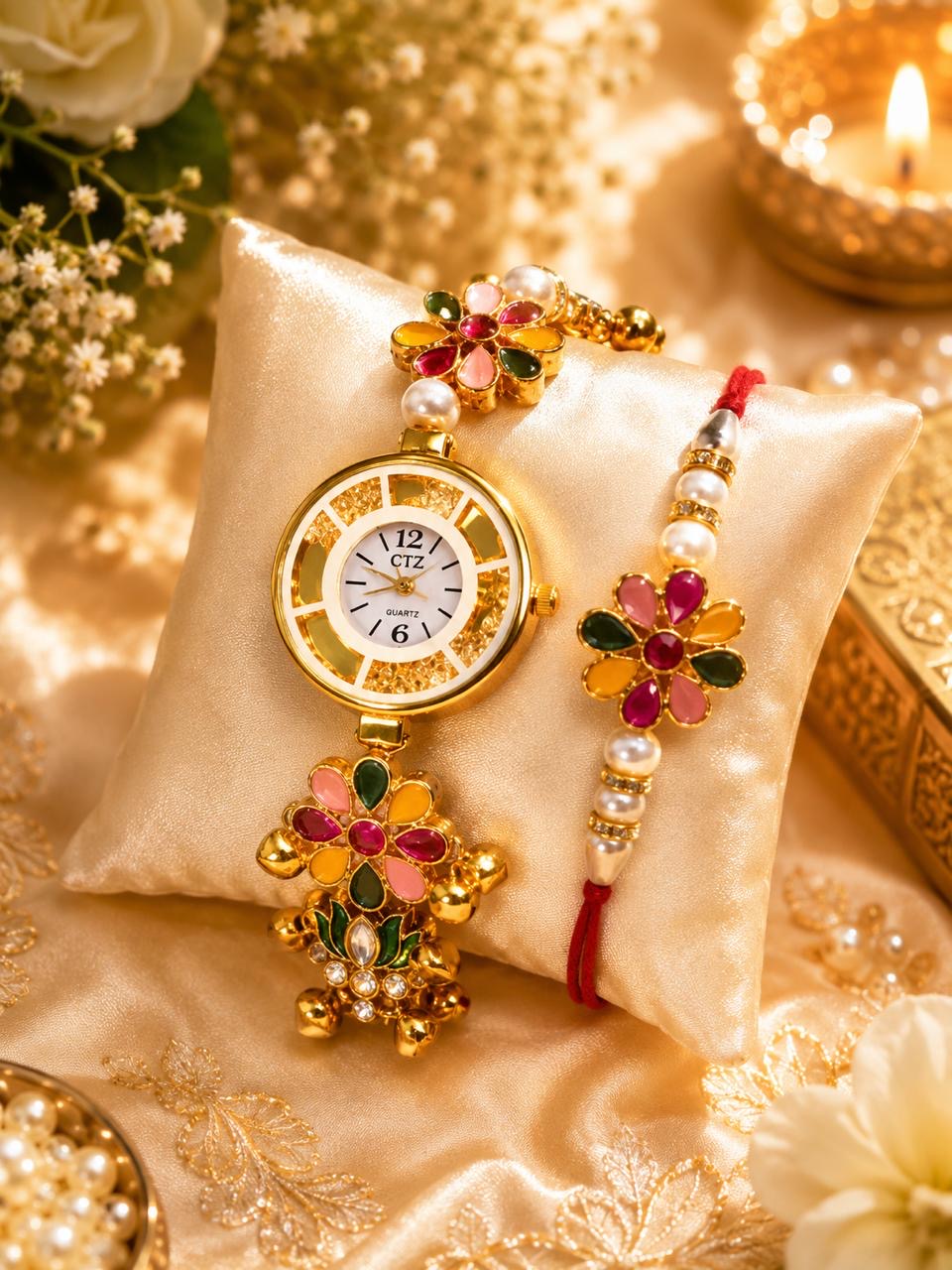 Stile Sovrano Kusum Royale Rakhi Watch Combo for Brother | Round Dial Designer Bracelet Watch with Matching Rakhi | Rakhi Utsav Collection