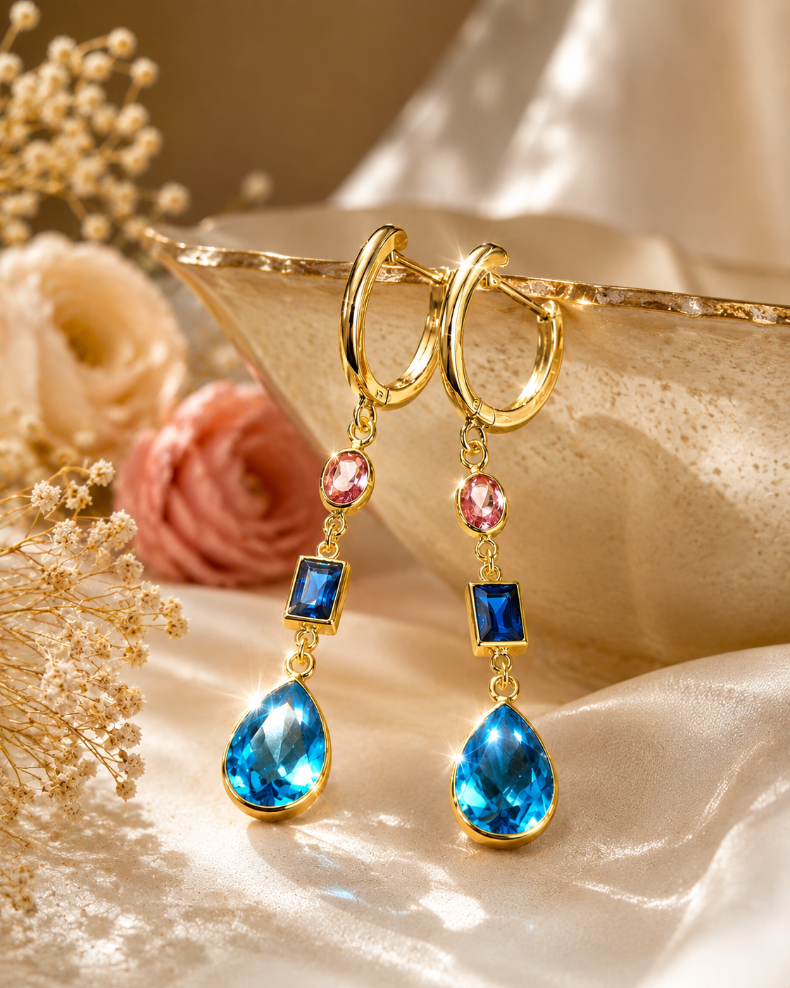 Aqua Blue Pink Multi-Stone Crescent Dangle Earrings – Stile Sovrano