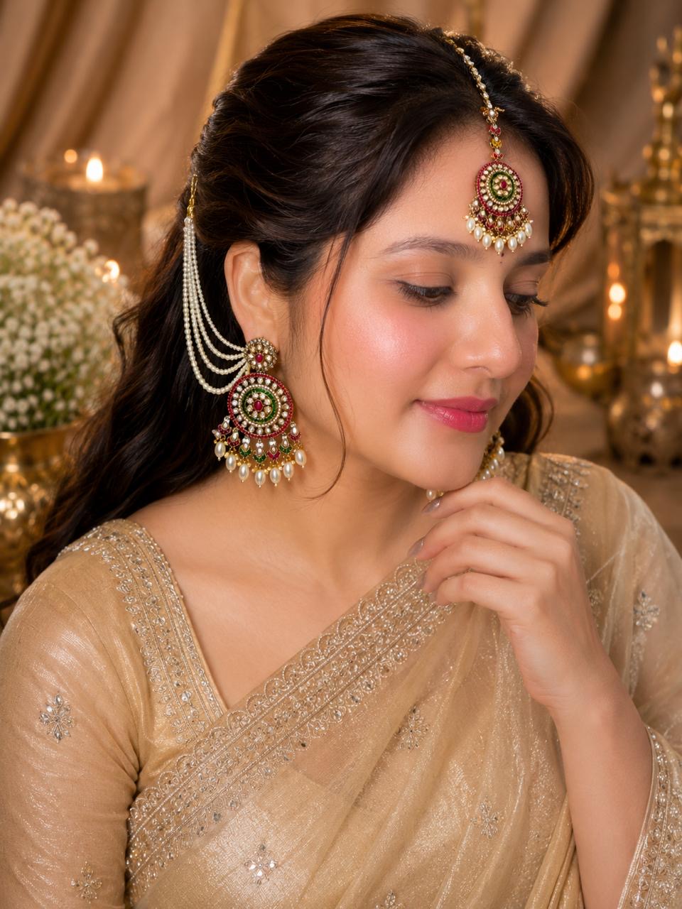 Stile Sovrano Shahi Noor Pearl Shoulder Duster Earrings with Maang Tikka for Women | Gold-Plated Kundan-Inspired Bridal Statement Jewellery Set