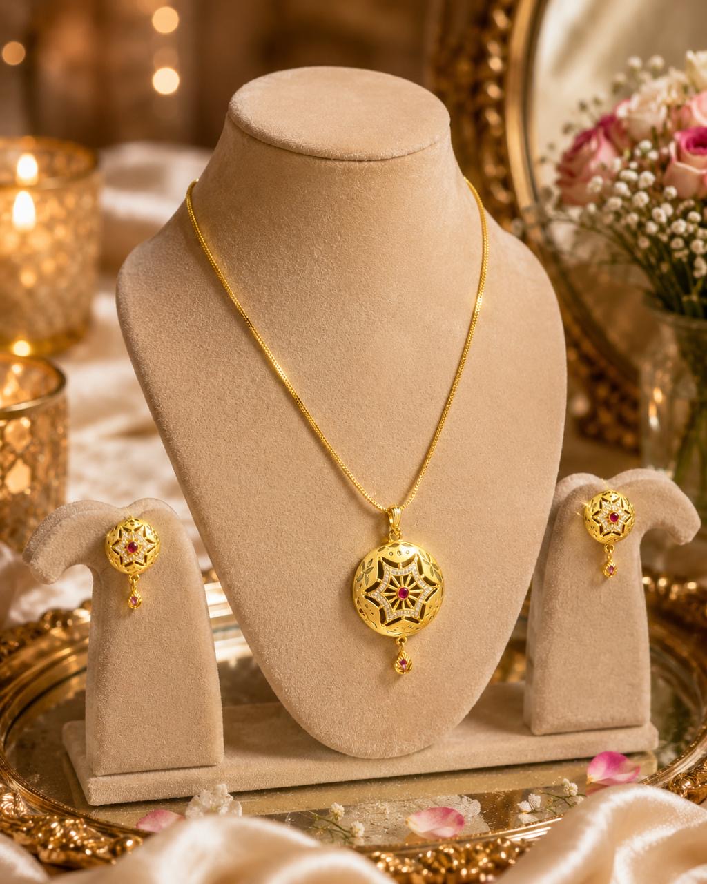 Stile Sovrano Noorika Traditional Gold-Plated Pendant Set for Women | Ruby-Colored Stone & Crystal Studded Ethnic Pendant Necklace with Matching Earrings